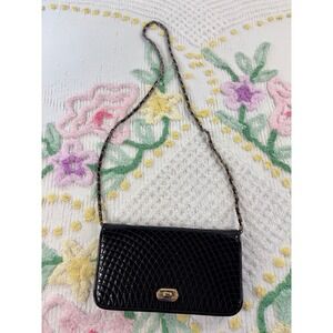Ande Vintage Black Patent Leather Quilted Lattice Crossbody Evening Bag Gold